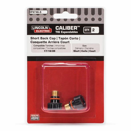 The Lincoln Caliber Back Cap Short, KP4746-S, is a retail pack of two black back caps with brass threads for 17/18/26 Torches, displayed in a clear blister on red and white card.
