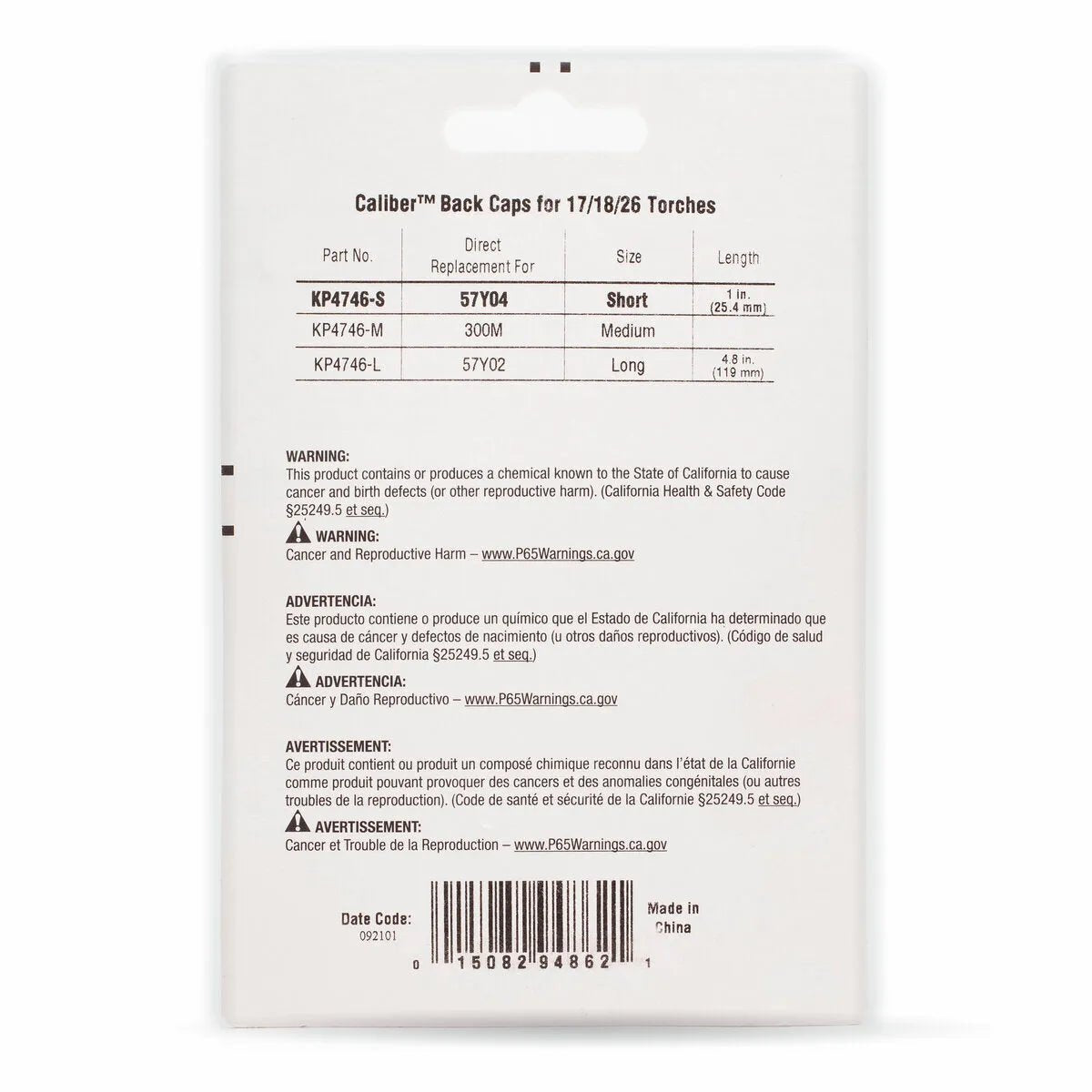 Back of packaging for Lincoln Caliber Back Cap Short, 17/18/26 Torches (2/pack, KP4746-S) lists part numbers, direct replacements, and size info. Multiple cancer/reproductive harm warnings appear in English and Spanish.