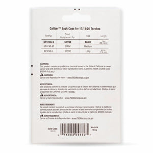 Back of packaging for Lincoln Caliber Back Cap Short, 17/18/26 Torches (2/pack, KP4746-S) lists part numbers, direct replacements, and size info. Multiple cancer/reproductive harm warnings appear in English and Spanish.