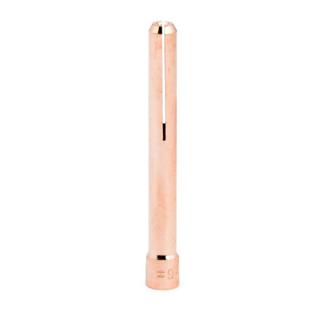 A single Lincoln Caliber Collet 1/16 (1.6 mm) for 17/18/26 torches, copper-colored with a smooth surface, long vertical slit, domed tip, and flat base marked KP4750-116-B10, is shown isolated on a white background.