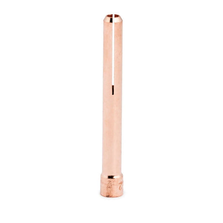 A copper-colored Lincoln Caliber Collet 1/8 (3.2 mm) stands upright on white, showing a vertical slit and flat base with markings—suitable for 17/18/26 torches. Sold as 10-pack, part KP4750-18-B10.