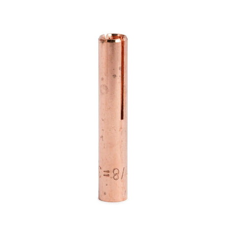 A single Lincoln Caliber Collet 1/8 (3.2 mm) for 9/20 torches (KP4749-18-B10) stands upright on a white background, displaying a smooth cylindrical shape, narrow vertical slit, and stamped numbers near its base.