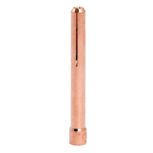 A Lincoln Caliber Collet 3/32 (2.4 mm), designed for 17/18/26 torches, stands upright on a white background. Its cylindrical copper body has a vertical slot, a wider base, and a smooth, reflective surface. Pack of 3 (KP4750-332).