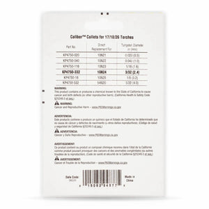 Product info sheet for Lincoln Caliber Collet 3/32 (2.4 mm), 17/18/26 Torches, 3-pack KP4750-332. Lists part numbers and tungsten sizes. Warning: Cancer/reproductive harm. Made in China. Date code: 090121.