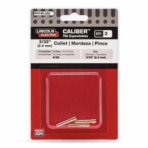 The Lincoln Caliber Collet 3/32 (2.4 mm), for 9/20 torches, comes in a red, black, and white plastic pack labeled KP4749-332 and contains three copper-colored pieces.