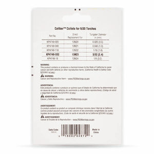 Back view of Lincoln Caliber Collet 3/32 (2.4 mm) 3-pack for 9/20 torches (KP4749-332) shows a white package with part numbers, diameters, replacements table, safety warnings, website links, barcodes, and manufacturing details.