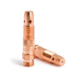 Two Lincoln Caliber Collet Bodies (0.020 in, 0.5 mm) for 17/18/26 torches are shown. One stands upright to display threads, knurling, side holes, and engraved KP4752-020 marking; both suitable for TIG welding (2/pack).