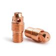 Two small, metallic, copper-colored Lincoln Caliber Collet Bodies (.020, 0.5 mm) for 9/20 TIG welding torches (KP4751-020-B10) are shown—each has a threaded body with end holes, and comes in a pack of 10.
