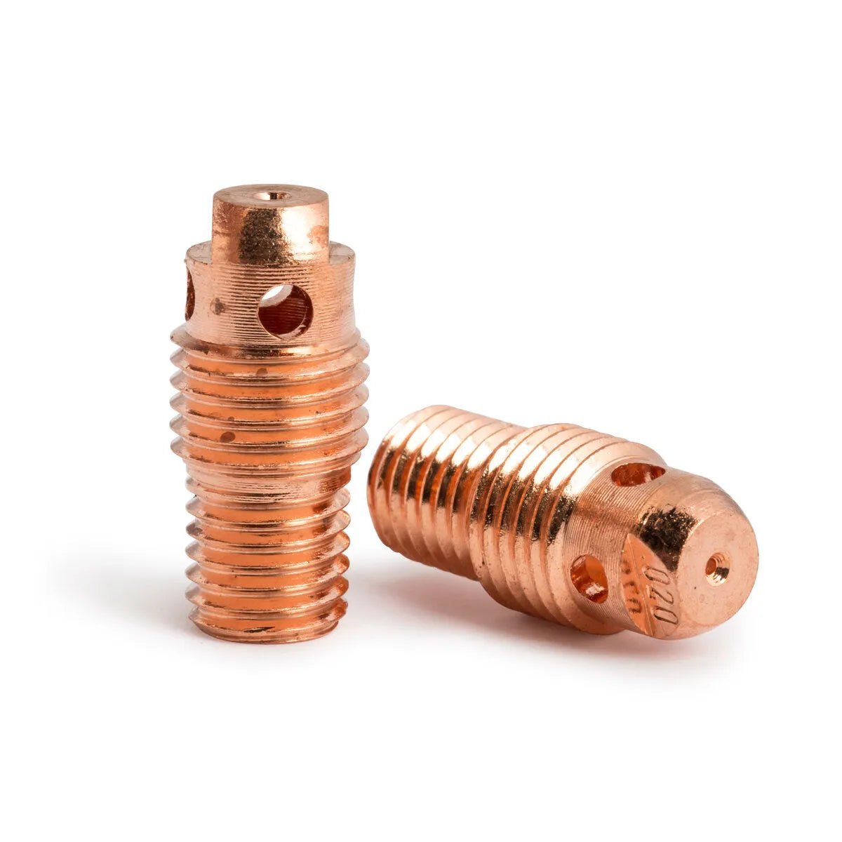 Two copper-colored Lincoln Caliber Collet Body .020 (0.5 mm) KP4751-020 for 9/20 Torches are shown, one upright and one horizontal, both with threaded bodies and holes, displayed on a white background for TIG welding. Pack of 2.