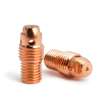 Two Lincoln Caliber Collet Body .040 (1.0 mm) nozzles for 9/20 Torches (2/pack, KP4751-040) are shown on a white background—one upright, showing a side hole; one flat, highlighting threading and the slotted end.