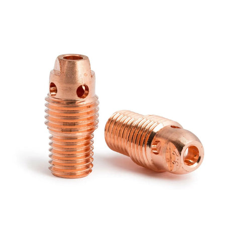 Two Lincoln Caliber Collet Body 1/8 (3.2 mm) for 9/20 Torches (2-pack, KP4751-18) are shown on a white background—one upright, one horizontal—to display their copper finish, external threads, and precision holes.
