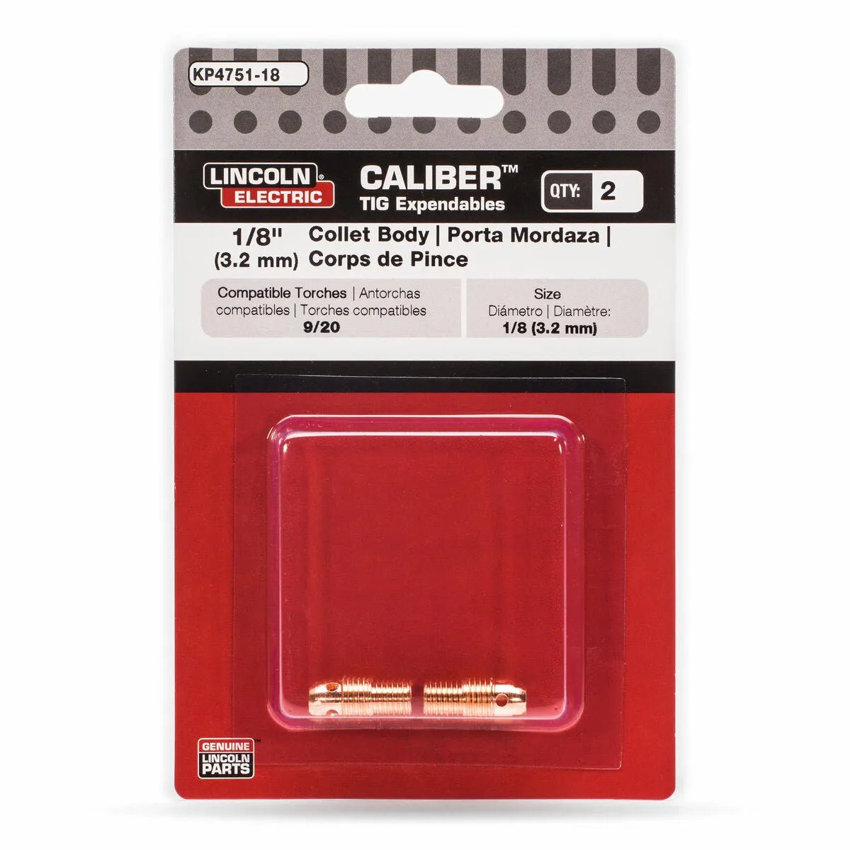 The Lincoln Caliber Collet Body 1/8 (3.2 mm) for 9/20 torches comes in a 2-pack retail card (KP4751-18), with two copper-colored collet bodies shown in a clear plastic window on red and gray packaging.