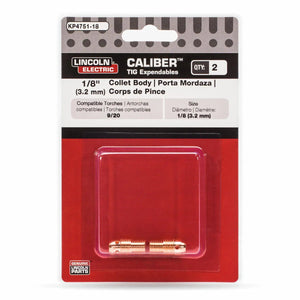 The Lincoln Caliber Collet Body 1/8 (3.2 mm) for 9/20 torches comes in a 2-pack retail card (KP4751-18), with two copper-colored collet bodies shown in a clear plastic window on red and gray packaging.
