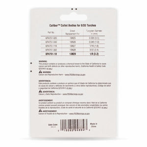 The image shows the back packaging of Lincoln Caliber Collet Body 1/8 (3.2 mm) for 9/20 torches, 2-pack KP4751-18, listing TIG part numbers, compatible replacements, diameters, chemical exposure warnings in English/Spanish, a barcode and manufacturer info.