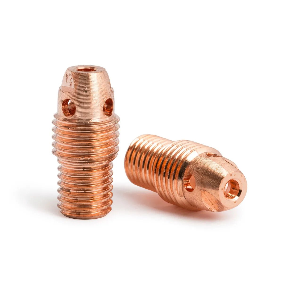 Two Lincoln Caliber Collet Bodies 3/32 (2.4 mm) for 9/20 torches (KP4751-332-B10) are displayed—one upright, one horizontal—to show both ends. Both feature threaded copper bodies with tip holes, set against a white background.