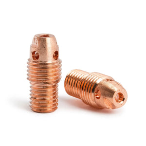 Two Lincoln Caliber Collet Bodies 3/32 (2.4 mm) for 9/20 torches (2-pack, KP4751-332) are shown against a white background—one upright and one horizontal, displaying their copper color, cylindrical shape, and central holes.
