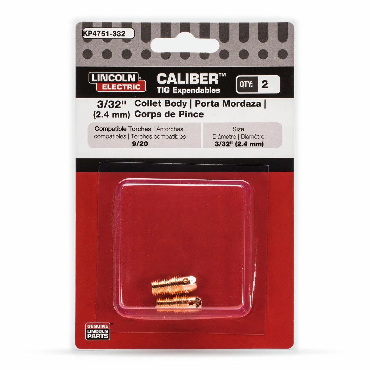 A package of Lincoln Caliber Collet Body 3/32 (2.4 mm) for 9/20 torches (KP4751-332), 2 per pack, is visible through a clear plastic section on red and white backing. Suitable for TIG welding applications.