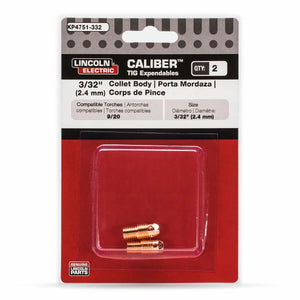 A package of Lincoln Caliber Collet Body 3/32 (2.4 mm) for 9/20 torches (KP4751-332), 2 per pack, is visible through a clear plastic section on red and white backing. Suitable for TIG welding applications.