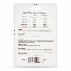 Back of Lincoln Caliber Collet Body 3/32 (2.4mm), 9/20 Torches, 2-pack KP4751-332 shows part numbers, replacements, tungsten diameters in a table; includes safety warnings, manufacturer details, and barcode on white background.