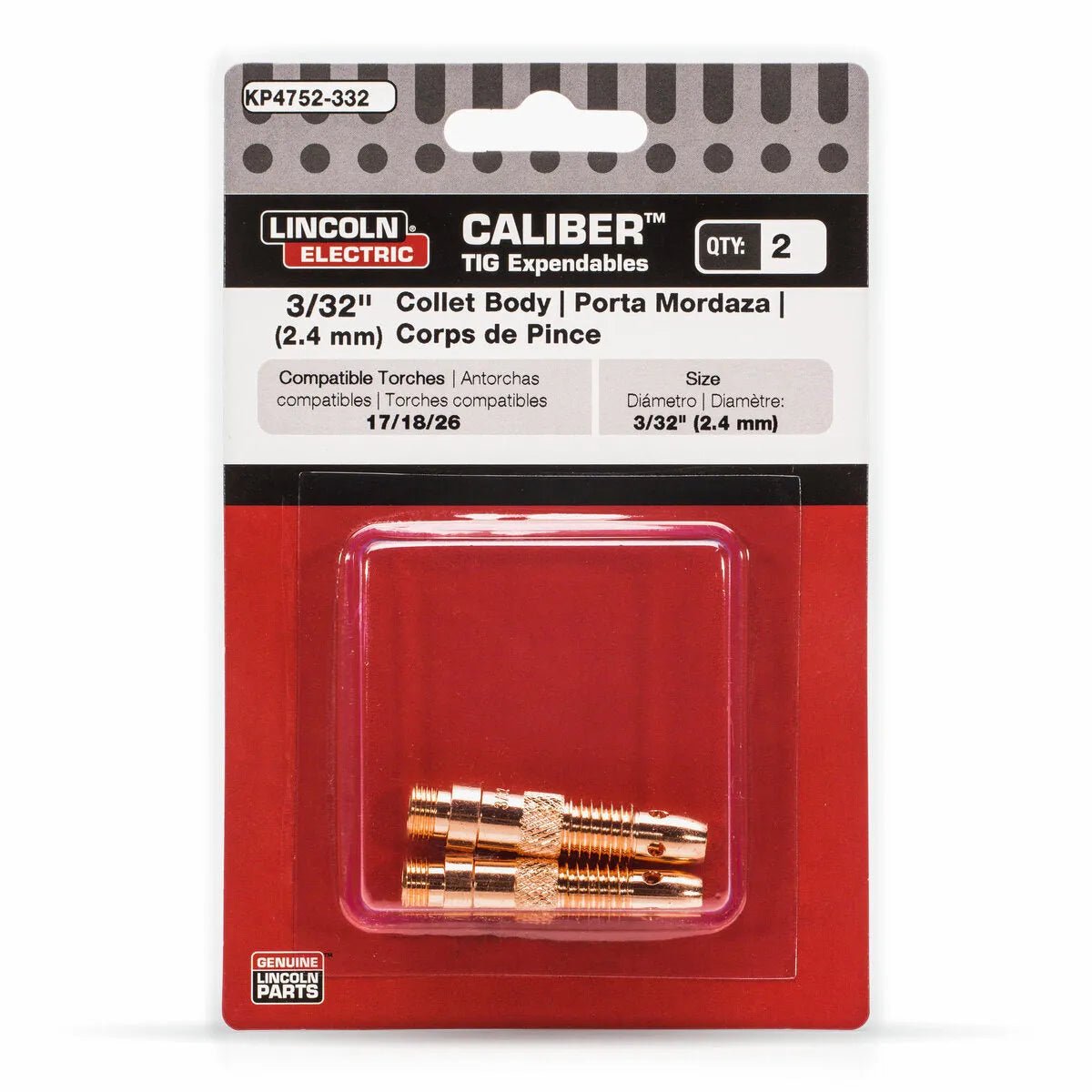 A retail pack labeled in English, Spanish, and French displays two Lincoln Caliber Collet Bodies 3/32 in (2.4 mm) for 17/18/26 TIG torches (KP4752-332). Parts are visible through a clear plastic window on the red and white card.