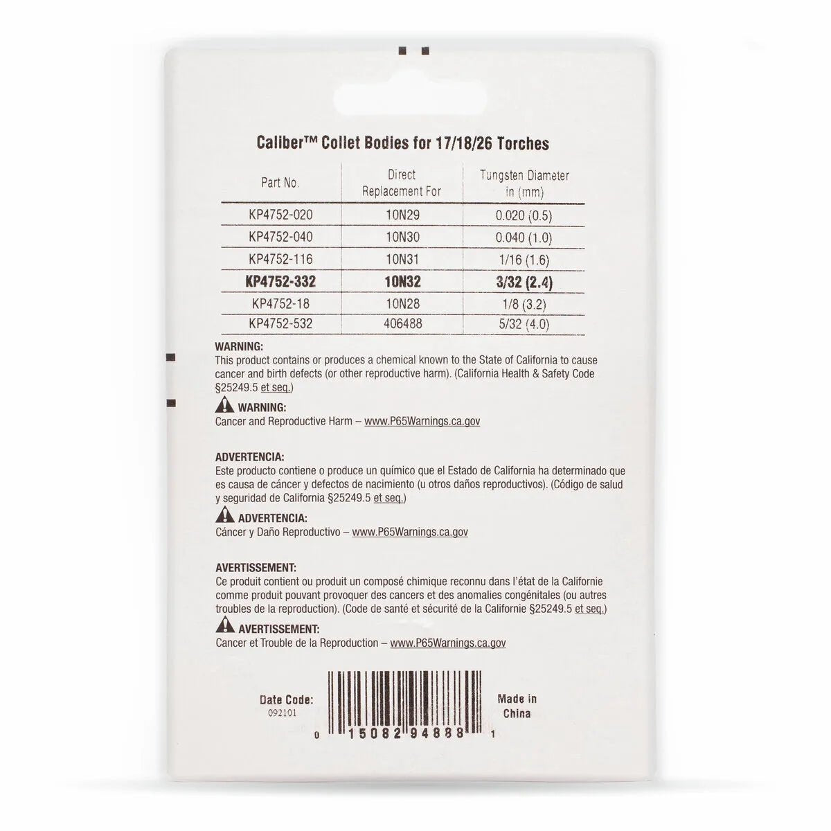 Back of Lincoln Caliber Collet Body 3/32 in (2.4 mm), 17/18/26 Torches, 2-pack (KP4752-332) shows item codes, replacement info, tungsten diameters (table), cancer/reproductive harm warnings, barcode, and English/Spanish text on a white background.