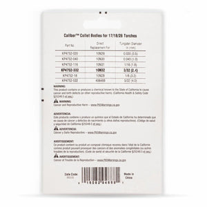 Back of Lincoln Caliber Collet Body 3/32 in (2.4 mm), 17/18/26 Torches, 2-pack (KP4752-332) shows item codes, replacement info, tungsten diameters (table), cancer/reproductive harm warnings, barcode, and English/Spanish text on a white background.