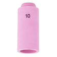 The Lincoln Caliber Collet Body Cup #10 (KP4756-10) is a pink ceramic nozzle for 17/18/26 torches, featuring 10 in black near the top. Its cylindrical matte design ensures efficient shielding gas direction. Comes in a 2-pack.