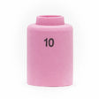 The Lincoln Caliber Collet Body Cup #10 (KP4755-10) is a pink ceramic nozzle for 9/20 torches, featuring a cylindrical shape with flat base and narrow top. Sold as a 2-pack, it’s shown on a plain white background.