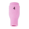 A Lincoln Caliber Collet Body Cup #4 (KP4755-4-B10) for 9/20 torches is shown on a white background. This pink ceramic nozzle directs shielding gas to optimize welding, and is sold in a 10-pack.
