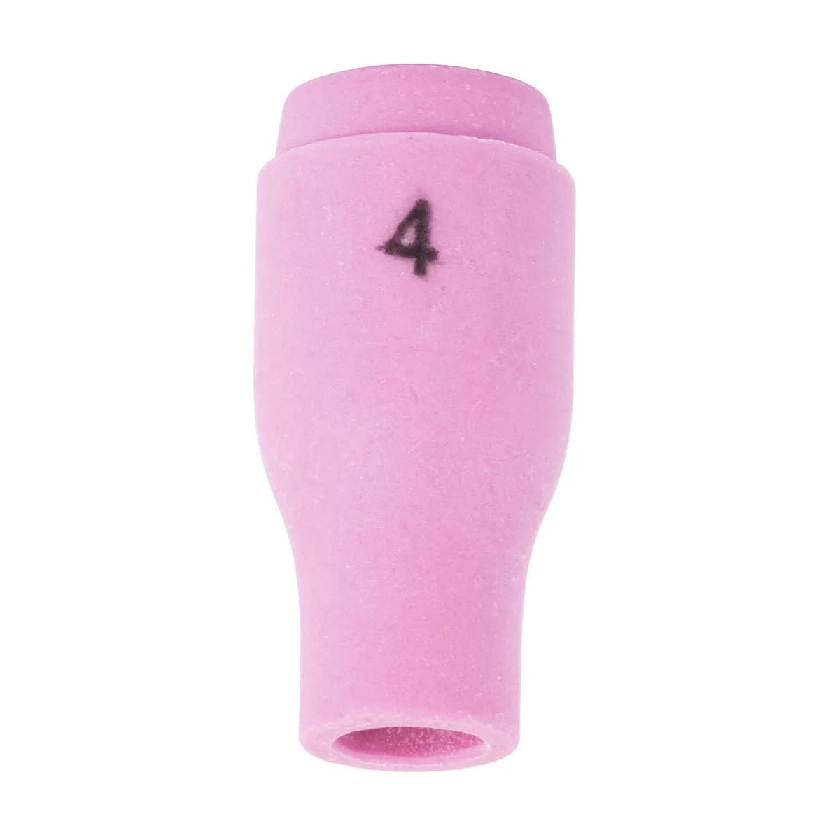 The Lincoln Caliber Collet Body Cup #4 (KP4755-4) is a pink ceramic nozzle for 9/20 Torches, with a cylindrical shape and slightly flared end. The number 4 appears in black near the wider end. Sold as a 2-pack. Shown on plain white background.
