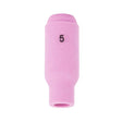 The Lincoln Caliber Collet Body Cup #5 (KP4756-5) is a pink ceramic, cylindrical nozzle for 17/18/26 torches, with 5 printed in black. It has dual-end openings and is ideal for TIG welding. Sold as a 2-pack.