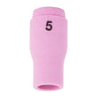 The Lincoln Caliber Collet Body Cup #5 (KP4755-5-B10) for 9/20 torches features a pink, slightly tapered ceramic design with 5 marked near the top, ensuring optimal shielding gas flow; shown on a white background. Pack of 10.