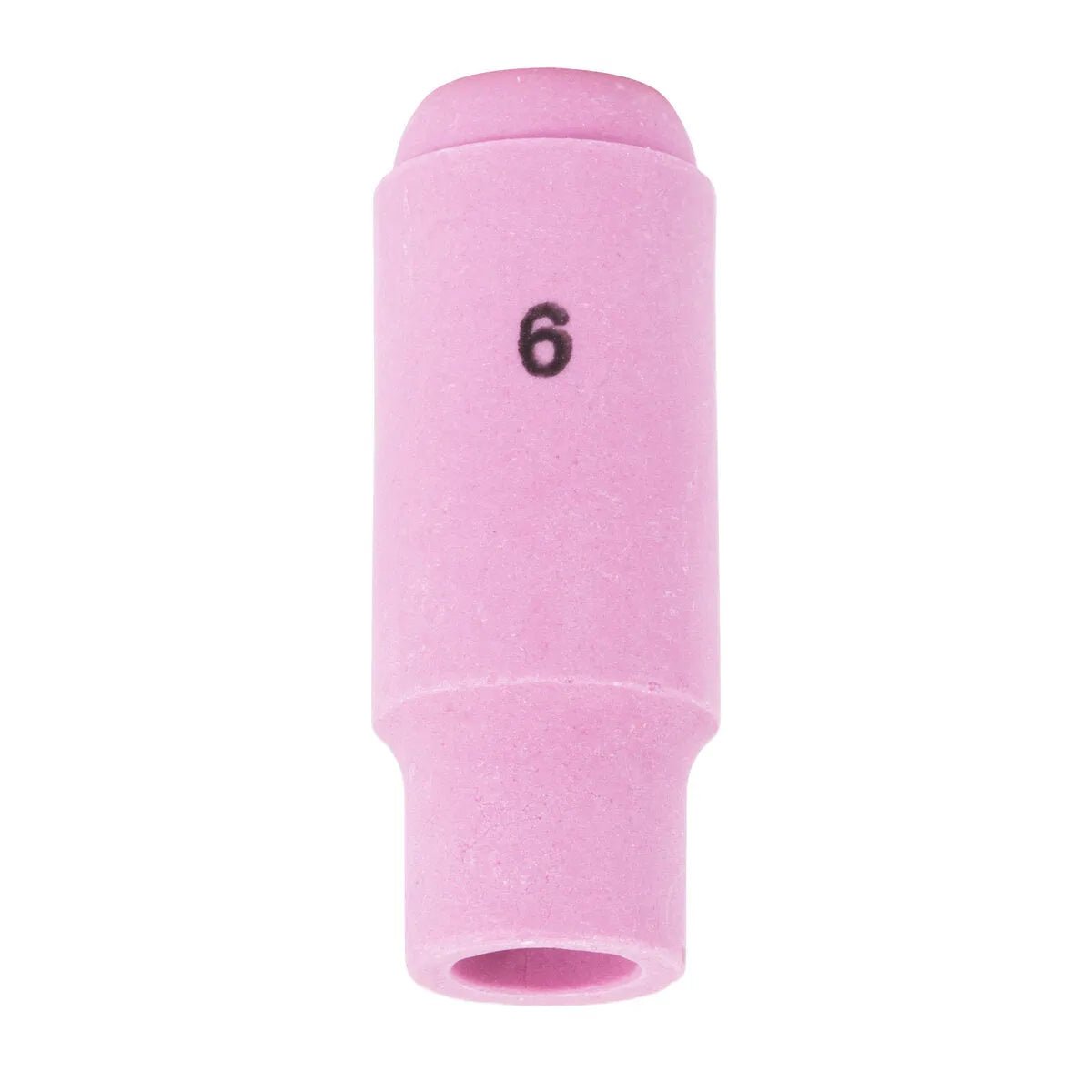 The Lincoln Caliber Collet Body Cup #6 (KP4756-6) fits 17/18/26 torches, features a matte pink ceramic cylindrical design with a black 6 mark, and comes in a 2-pack for reliable shielding gas coverage.