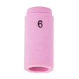 The Lincoln Caliber Collet Body Cup #6 (KP4755-6-B10) is a pink ceramic, cylindrical nozzle for 9/20 torches, with a wide circular opening at one end and the number 6 printed in black. Sold in packs of 10. Background is plain white.
