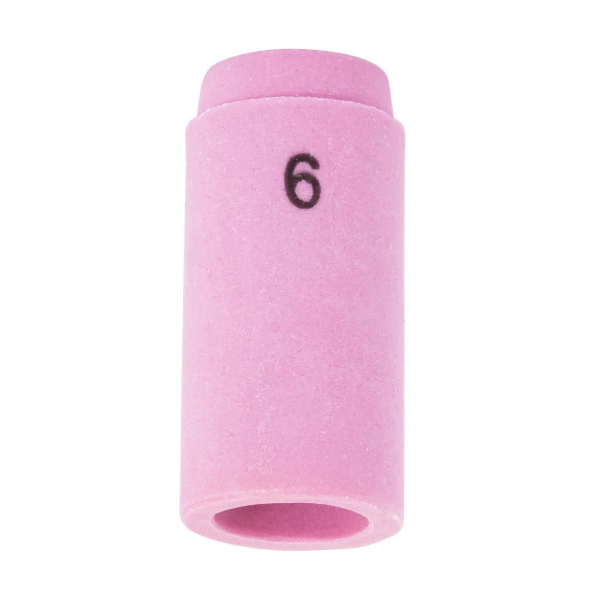 The Lincoln Caliber Collet Body Cup #6, KP4755-6, is a pink ceramic nozzle with a cylindrical shape and beveled top edge. It fits 9/20 torches and has the number 6 in black near the top. Sold as a 2-pack.