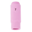 The Lincoln Caliber Collet Body Cup #7 (KP4756-7-B10) is a pink ceramic nozzle for 17/18/26 torches, with “7” in black print, smooth surface, and designed to direct shielding gas for clean welds. Sold in a 10-pack.