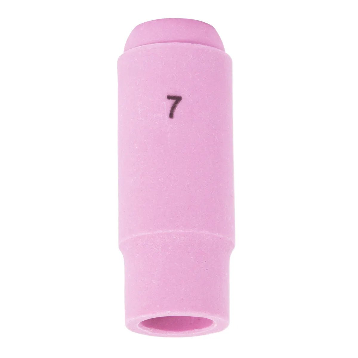 The Lincoln Caliber Collet Body Cup #7 (KP4756-7) is a pink ceramic, cylindrical cup with tapered ends, for 17/18/26 torches. It features an open bottom and narrow top, number 7 printed in black, ideal for Lincoln Caliber setups. 2 per pack.