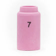 A pink, cylindrical Lincoln Caliber Collet Body Cup #7 (KP4755-7) for 9/20 torches and shielding gas is shown with a flared top and the black number 7 on its side, photographed on a white background. Sold as a 2-pack.