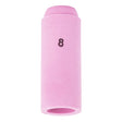 A cylindrical, pink Lincoln Caliber Collet Body Cup #8 (KP4756-8) for 17/18/26 Torches is shown upright with “8” in black near the top. Both ends are open, and it has a smooth ceramic finish against a plain white background.