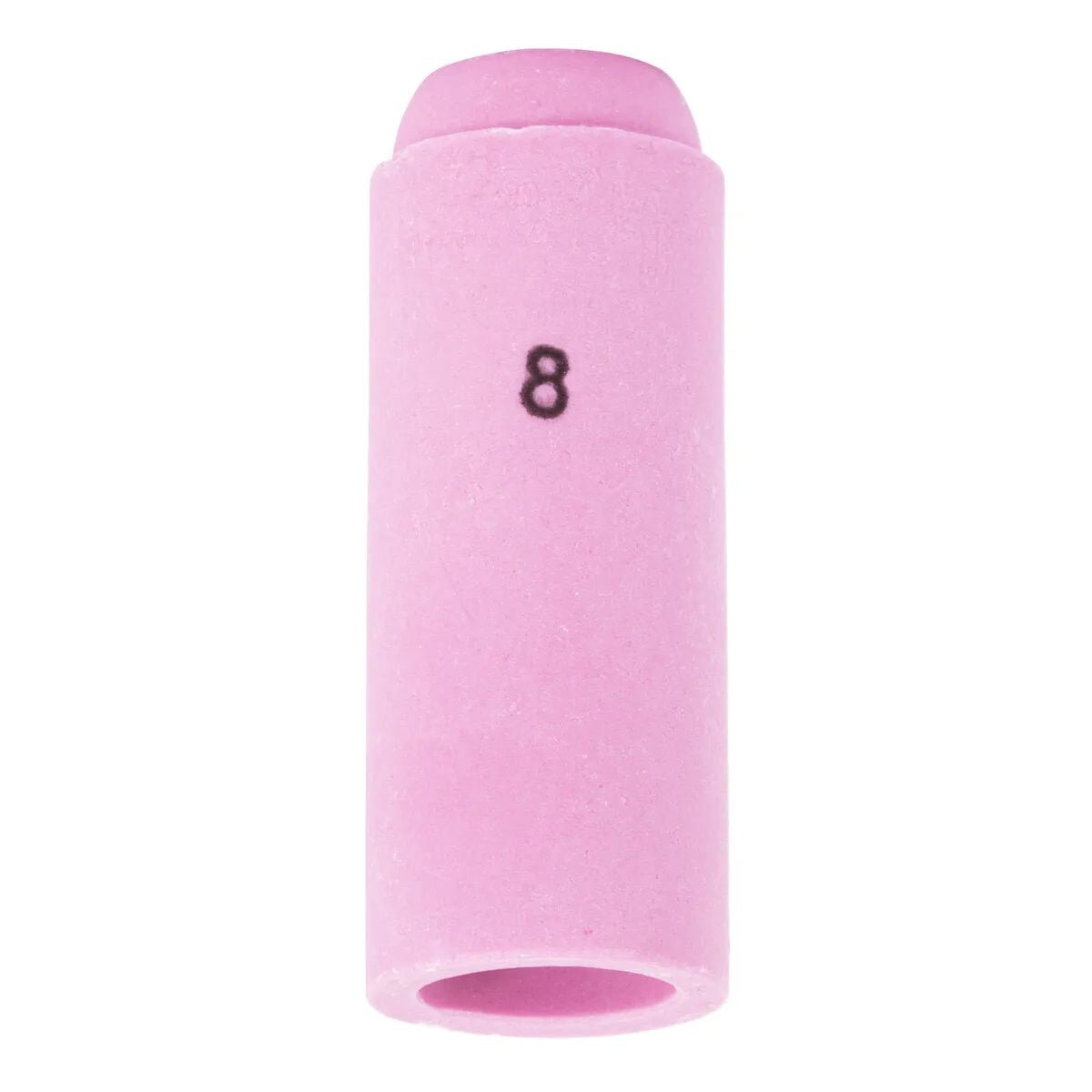 A cylindrical, pink Lincoln Caliber Collet Body Cup #8 (KP4756-8) for 17/18/26 Torches is shown upright with “8” in black near the top. Both ends are open, and it has a smooth ceramic finish against a plain white background.