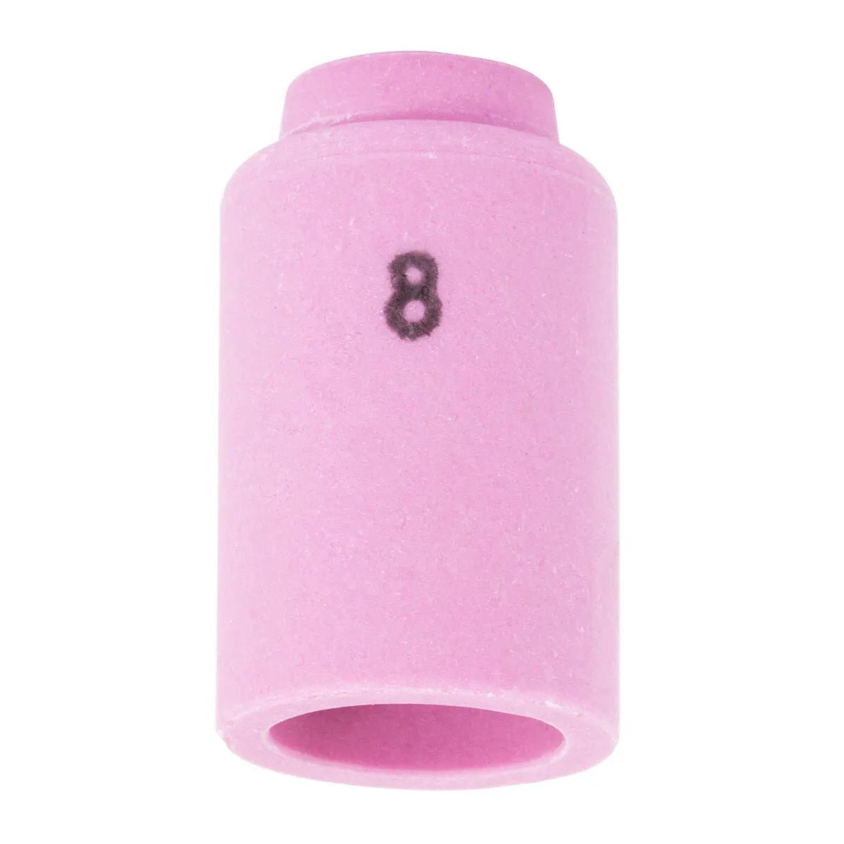 A close-up of the Lincoln Caliber Collet Body Cup #8, designed for 9/20 torches in TIG welding. This pink ceramic nozzle (KP4755-8-B10) is cylindrical with the number 8 in black, ensuring smooth shielding gas flow. Pack of 10.