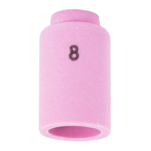 The Lincoln Caliber Collet Body Cup #8 (KP4755-8) is a pink ceramic nozzle for 9/20 torches with a wide top rim, open bottom, and black 8 marking. It ensures optimal shielding gas coverage and comes in a 2-pack. Plain white background.