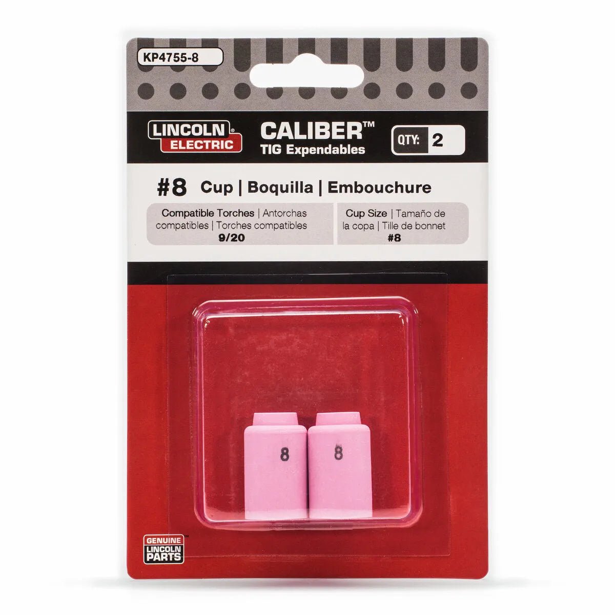 A retail package of Lincoln Caliber Collet Body Cup #8 for 9/20 torches (2-pack, KP4755-8) includes two pink ceramic cups in a clear plastic case with red and white packaging, featuring English, Spanish, and French text.