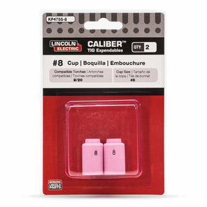 A retail package of Lincoln Caliber Collet Body Cup #8 for 9/20 torches (2-pack, KP4755-8) includes two pink ceramic cups in a clear plastic case with red and white packaging, featuring English, Spanish, and French text.