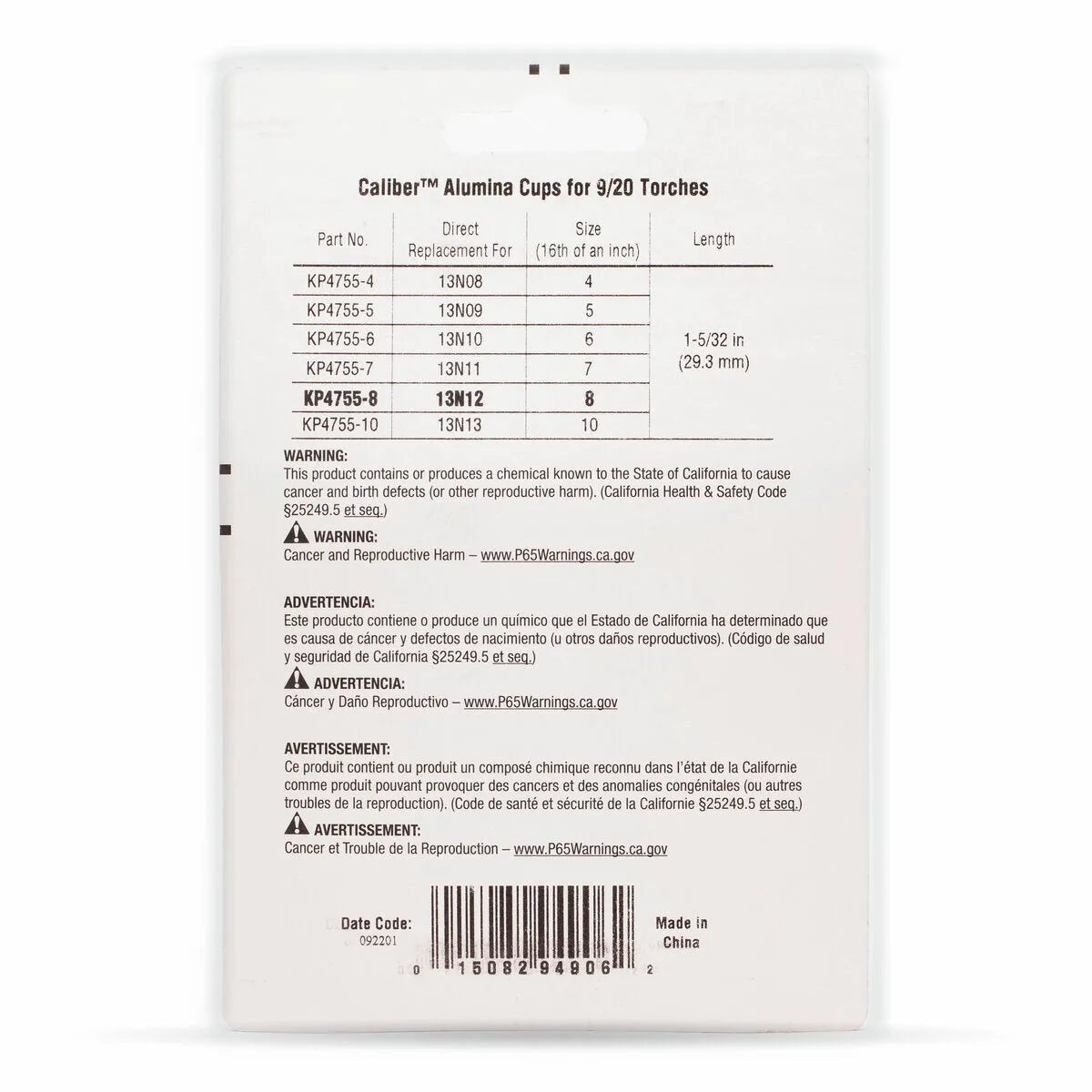 Back of Lincoln Caliber Collet Body Cup #8 for 9/20 torches, 2/pack (KP4755-8), lists size, quantity, warnings, and notes these cups help direct shielding gas. Manufacturer info, date code, and Made in China are shown below.