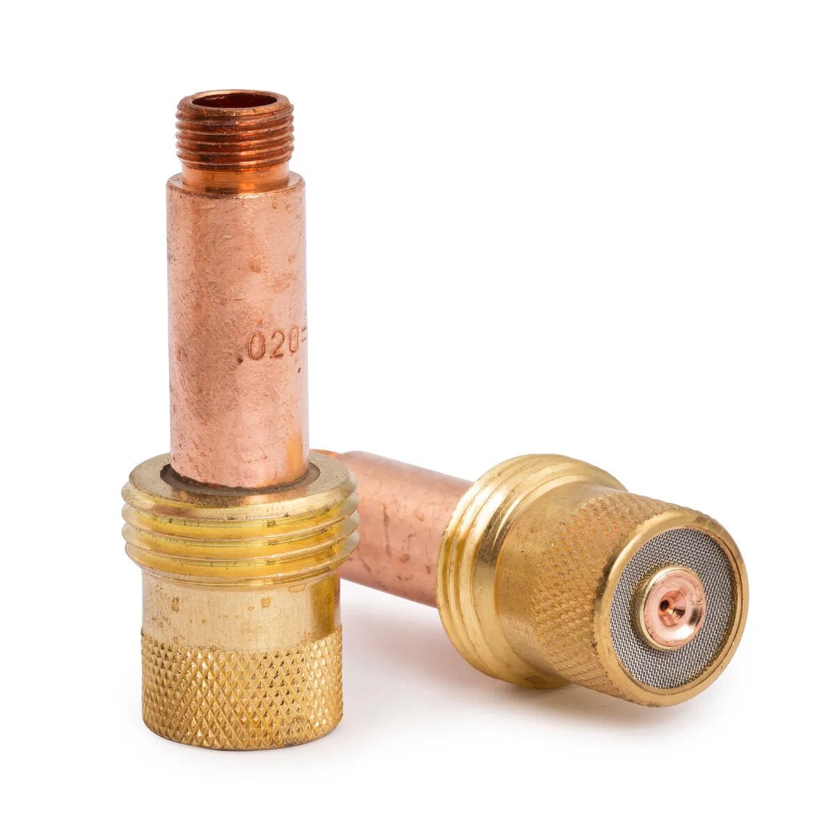 Two Lincoln Caliber Gas Lens .020 fittings for 17/18/26 torches are shown. One stands upright showing a threaded copper end; the other lies flat, displaying its brass gas lens with fine mesh against a white background.
