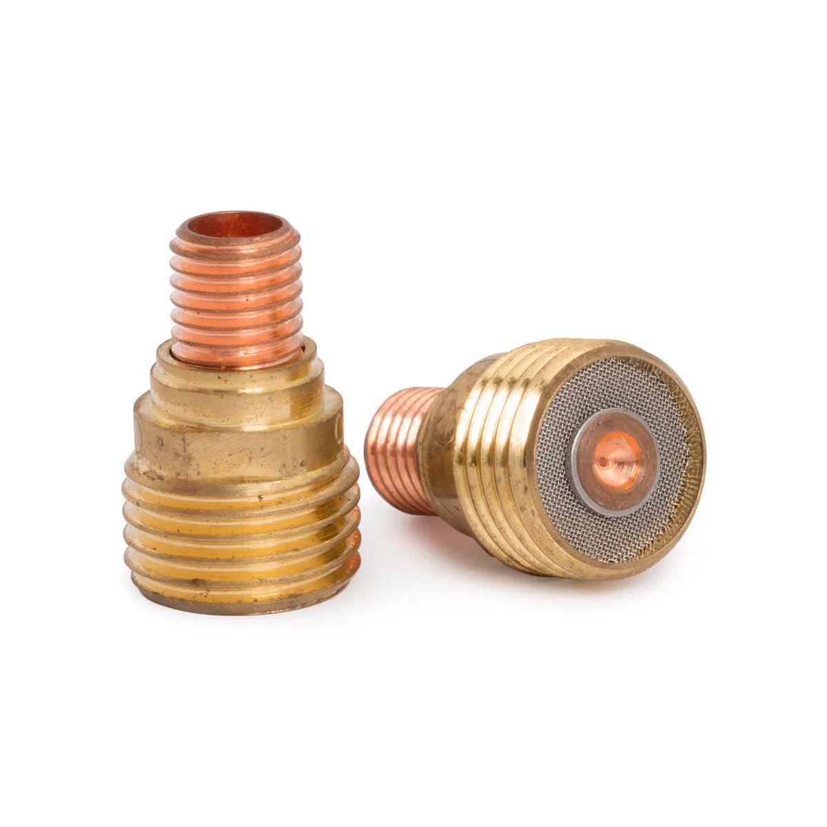 Two Lincoln Caliber Gas Lens .020 (0.5 mm) fittings for 9/20 torches (KP4753-020, 2/pack) are shown—one upright, one on its side—highlighting fine mesh for optimal shielding gas coverage in welding applications.