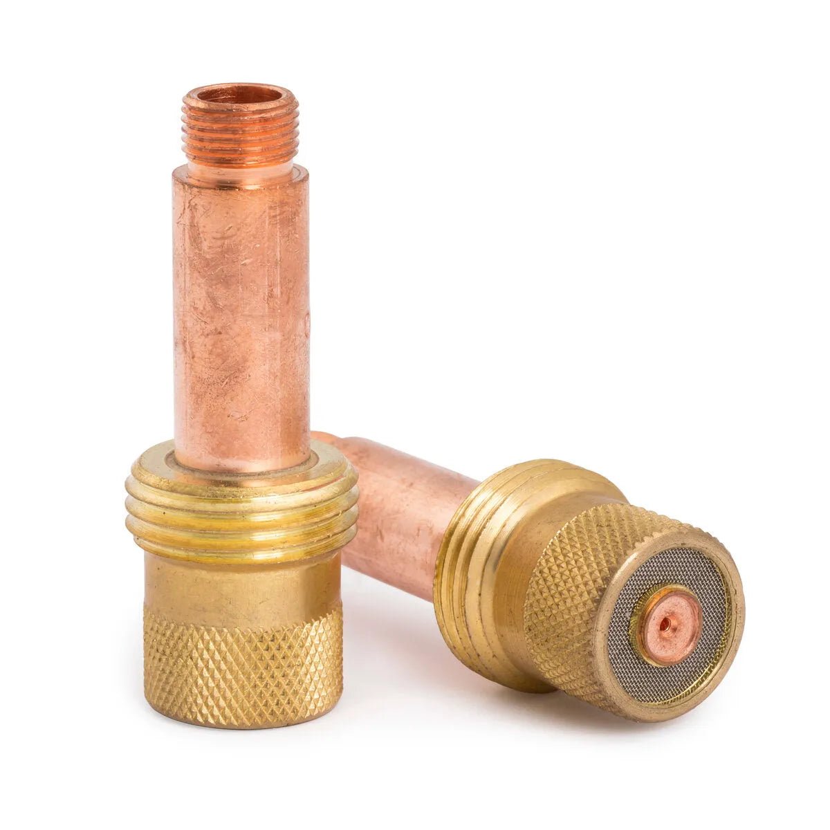 Two Lincoln Caliber Gas Lens .040 (1.0 mm) for 17/18/26 torches (KP4754-040-B10) are shown: both cylindrical, featuring a copper tube, brass knurled base, threaded top, and fine mesh screen—one upright, one sideways.