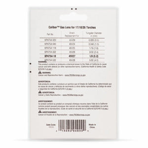 The back of a Lincoln Caliber Gas Lens 1/8 (3.2 mm) KP4754-18 (17/18/26 Torches, 2/pack) package lists part numbers, direct replacements, and tungsten sizes in a table, plus warnings and info in English, Spanish, and French.