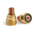 Two Lincoln Caliber Gas Lens 1/8 (3.2 mm) tips for 9/20 torches (KP4753-18-B10, 10-pack) are shown—one upright to display its threaded copper tip and brass body, the other on its side highlighting the mesh screen. Ideal for tungsten welding.